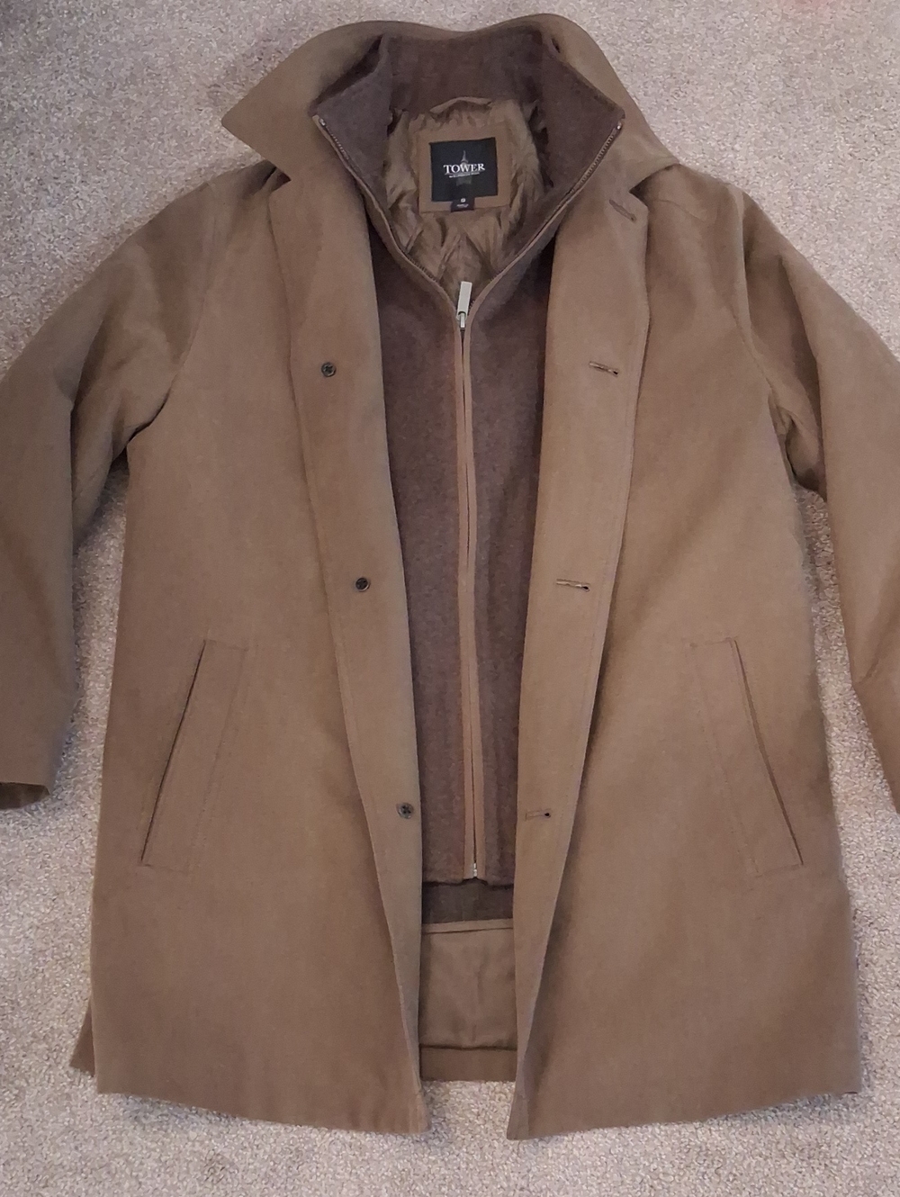 London Fog Men's Brown High Collar Lined Overcoat- Removable Zip. Mid Length.(S)
